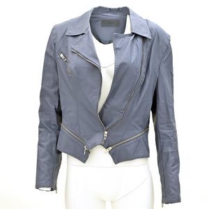 Blank NYC Womens Blue Gray Faux Leather Moto Jacket Size Large Fits Medium